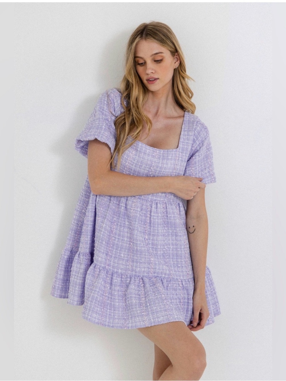 English Factory Lilac Plaid Square-Neck Mini Dress